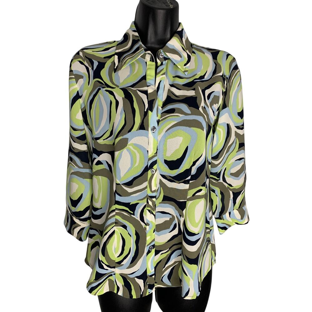 NY & Company Abstract Navy, Green, Button-down Collared Blouse Women's Small